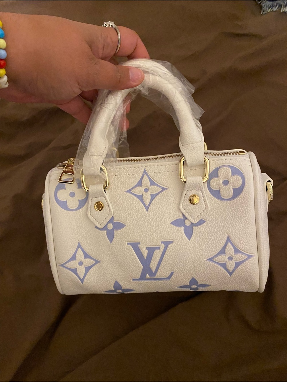White Monogram Mini Satchel with Lavender Accents